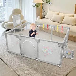 Laufstall Baby Faltbar,Laufgitter mit Basketballkorb,Fußballnetzen,50 Spielbällen,Krabbelgitter mit atmungsaktivem Netz 180x120x66cm Hellgrau - Hellgrau