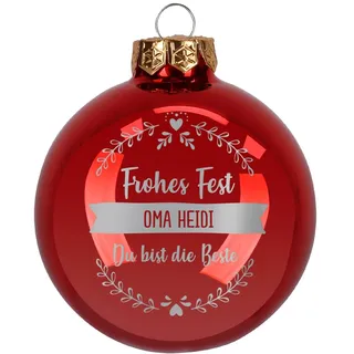 Herz & Heim® Weihnachtskugel aus Glas mit persönlicher Gravur/Rot oder Weiß/Matt oder Hochglanz/Ø 8 oder 10 cm/Verschiedene Motive Ø 10 cm, Rot Hochglanz, 3 Zeilen Wunschtext