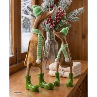 Kinaree Deko Ente Holz mit Schal - handbemalte Bambus Laufente, Dekofigur Holzfigur für Wohnzimmer, Flur & Fensterbank, Winterdeko & Geschenkidee - Grün, 48 cm