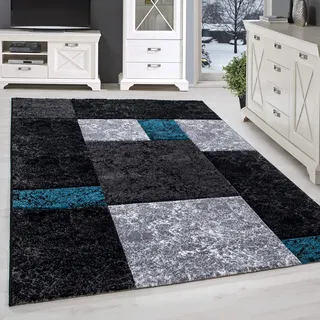 SIMPEX Teppich 160x230 cm Kurzflor Konturenschnitt in Schwarz Grau Blau Kariertes Design, Waschbar, Pflegeleicht, Extra Weich Für Wohnzimmer, Esszimmer, Schlafzimmer