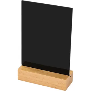 HMF Acryl Tischaufsteller im DIN A6 Hochformat mit Holzfuß aus Eiche, abwischbare Tafel zum Beschriften, T-Aufsteller, Schwarz