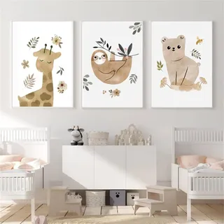 Sarah Duke Poster Kinderzimmer Beige, 3er Set Cartoon Tiere Leinwandbilder Kinderposter, Boho Wandbilder für Junge und Mädchen, Ohne Rahmen (40 x 50 cm)