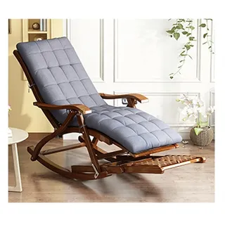 DUNAKE Ergonomischer Stuhl,Schaukelstuhl,Sonnenliege,Patio Garten Strand Pool Faltstuhl Schaukelstuhl,Holz Liegestuhl Liege Bambus Robust Komfortable(Fußmassage) (Fünfgangverstellung) (mit Kissen)