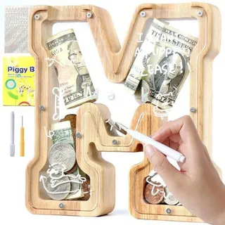 Spardose aus Holz mit Buchstaben-Design, transparent, 18 cm hoch, naturfarben