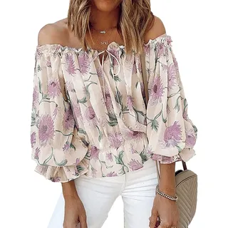 Ausla Damen Schulterfrei Blumenmuster Oberteil Sexy Trägerlos Glockenärmel Rüschen Top Sommer Elegant Carmenbluse mit Spitze(S-Aprikose) - S