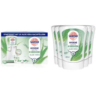 Sagrotan No-Touch Automatischer Seifenspender Weiß – Inkl. Nachfüller Aloe Vera – 2 x 250 ml Flüssigseife + Sagrotan No-Touch Nachfüller Aloe Vera für den automatischen Seifenspender – 5 x 250 ml