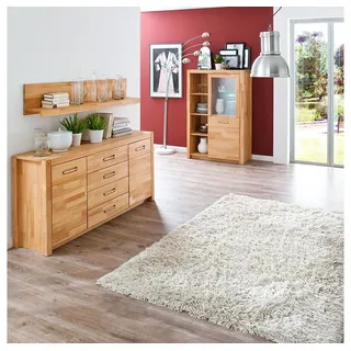 Lomadox Esszimmer-Set FOSSANO-06, (Spar-Set, 3-St., Highboard Sideboard Wandregal), in Kernbuche massiv geölt, inkl. LED-Beleuchtung braun