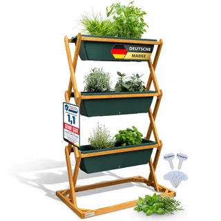 greenspire Hochbeet Balkon aus Holz, 3 Etagen mit Drainagesystem – Kräuterbeet, vertikaler Garten mit Wasserstandsanzeige für optimale Bewässerung – vormontiert – für Balkon oder Terrasse (Dunkelgrün)