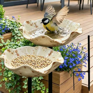 Vogeltränke Blume, Bienentränke Keramik mit Bodensteckdose - Bienentränke Gartenstecker & Insektentränke, Wasserschale und Vogelfutterstelle, Dekorative Keramikblüten Blumenstecker (F2)