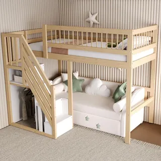 Flieks Etagenbett 90x200cm mit Rausfallschutz, Hochbett mit Treppe mit Kleiderstange und Ablagen, Kinderbett Einzelbett mit Lattenrost, Naturbelassen - Naturbelassen