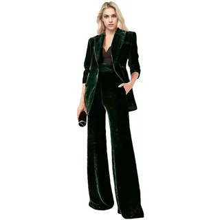 Botong 2-teiliger Samtanzug für Damen, Büro-Arbeitsanzug, Revers, zweireihig, Blazer, Hose, Business-Anzug-Set, Dunkelgrün, X-Klein - XS