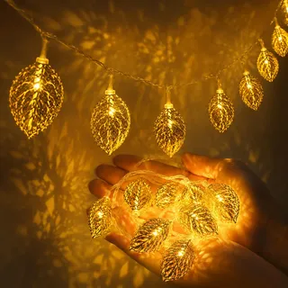 ZingBox LED Metall-Blättern Lichterkette, 1,5M 10 LED Gold Blätter Förmige Wasserdicht, Batterie, Warmweiß Blättern Lichterketten für Weihnachtsbaum Garten Innenhof Herbst Dekoration, Außen & Innen