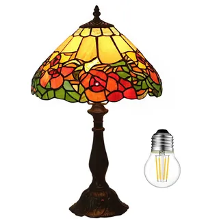 Kinbolas Tischlampe im Tiffany Stil,Vintage Nachttischlampe Schlafzimmer Deko Lampe,Jugendstil Tischleuchte,flower buntglas lampenschirm 30cm / 12 Zoll,Harz-Basis Mit kabel und E27 LED Birne(H-1)