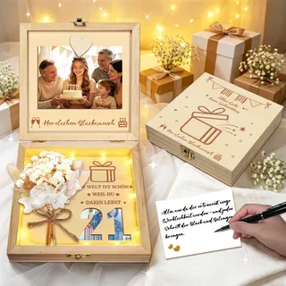 Geldgeschenk Hochzeit Holz mit Hochzeitskarte Trockenblumen Lichterkette, Hochzeitsgeschenke für Brautpaar Geldgeschenke Verpacken, Geschenkbox Hochzeitsgeschenk Ideen