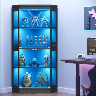 Jocoevol Eckvitrine mit Glastüren, 170cm Hoch Vitrinenschrank, 4-Lagen Glasvitrine mit RGB LED Beleuchtung & APP, Sensor, Sammlervitrine für Wohnzimmer, Schwarz