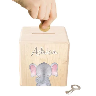 wunderwunsch Personalisierte Kinderspardose, Spardose Junge, Mädchen | Holzspardose Kinder personalisiert, Taufgeschenke für Kind, Baby Geschenk Geburt, Holz Sparschwein mit Schlüssel