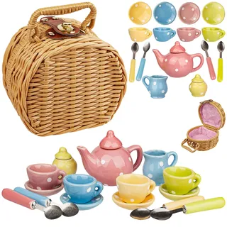 alles-meine.de GmbH 18 TLG. großes Set Picknick Korb - Puppengeschirr/Kaffeeservice & Teeservice - Bunte Punkte - Geschirr Porzellan/Keramik - Porzellangeschirr & Besteck -..
