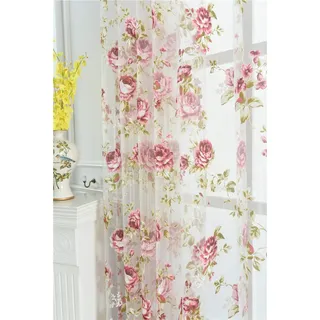 Kolachic Durchsichtiger Voile-Vorhang mit Stangentaschen, Rosenmuster, rosa Blume, Tüll, transparent, Fensterbehandlung für Wohnzimmer, Schlafzimmer, Glastür, je 137 x 244 cm, 1 Set mit 2 Paneelen
