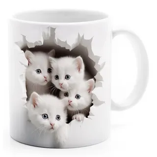 MoonWorks Tasse Tasse Weihnachten 3D Illusion Katze Schneemann Weihnachtsmann, Keramik weiß