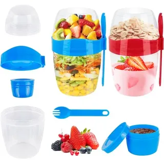 Bluedeer - 2 Stück Müslibecher to Go Groß Joghurtbecher Kinder Salatbecher Porridge Becher mit Löffel Deckel 310ml+560ml Müsli Behälter Joghurt
