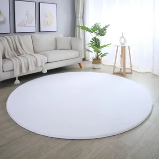 SIMPEX Rabbit Hochflor Teppich Rund 120 cm Weiss Shaggy Modern Flauschig Weich Fellteppich Kunstfell Einfarbig für Schlafzimmer Wohnzimmer Kinderzimmer