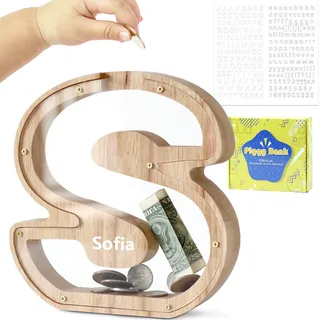 DBPBToU Spardose Kinder, Sparschwein Kinder, Buchstaben Spardose Holz, Spardose Personalisiert für Geburtstag Geschenk/Heimdekoration/Keepsake (S)