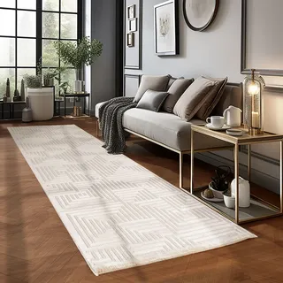 Carpetsale24 Kurzflor Teppich Läufer 80x250 cm Creme Modern Skandinavisch Boho Design Einfarbig 3D Effekt Weich Waschbar Pflegeleicht für Flur Eingang Küche Schlafzimmer