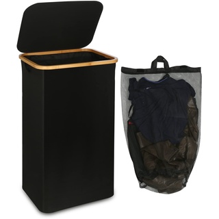 efluky Wäschekörbe mit Deckel 120 Liter hoher Wäschebox mit Bambus Henkel und Innentasche, faltbarer groß XXL Waschekorbsammler Wäschekorb Wäscheboxen Laundry Baskets