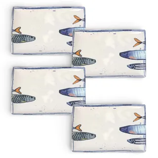 Teller im mediterranen Design mit Sardinen-Motiv 2.0 | Maritime Speiseteller, Suppenteller, Dessertteller, Servierplatten, Bowls - robust, Steinzeug, glattes Finish (4er Set Servierplatte (30x 20cm))
