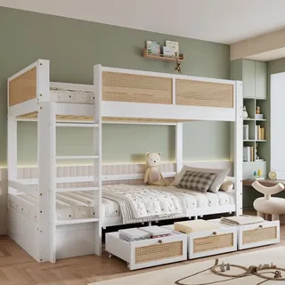 Etagenbett, Kinderbett, Schöner geflochtener Rattanzaun, Drei Schubladen mit Rollen, Stabile Lattenroste, Mit Sichere Bettgitter, Kiefer + MDF + S...
