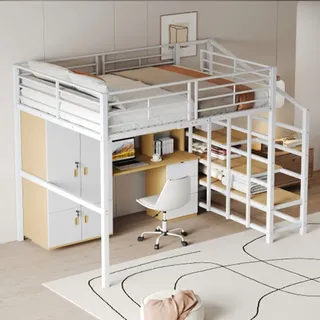 Hochbett,Kinderbett geräumigem Stauraum und Treppe Ideal für Kinder 140 x 200