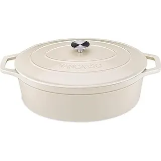 vancasso Gusseisen Topf, Gusseisen Bräter mit Deckel, Bräter Oval 8L Ø 37cm Induktion Schmortopf, Kasserolle, Gussbräter für Gasherd/Glaskeramikkochfeld/induktion/Ofen, Dutch Oven Cocotte Oval, Crème Weiß