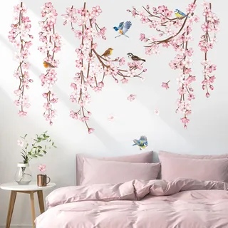 decalmile Wandsticker Kirschblüte Hängende Wandtattoo Blumen Rosa Vögel | Abziehbare und Aufklebbare Wandaufkleber, DIY Abnehmbare Wandkunst Abziehbilder, Wandfreundlich, Leuchtenden Farben