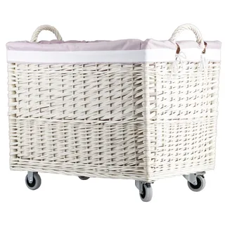 e-wicker24 Aufbewahrungstruhe, Wäschekorb, rechteckig, Weidenkorb mit Rollen und Stofffutter, Aufbewahrungsbox, Weidenkorb, Box (Weiß_Rosa)