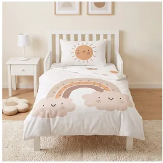 MTOnlinehandel Babybettwäsche Little Sunrise Biber/ Flanell in 100x135 + 40x60 cm, Boho, 100% Baumwolle, 2 teilig, Winterbettwäsche kuschelig und weich, Regenbögen und Sonne, weiß weiß
