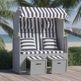 MOONAIRY Strandkorb mit Kissen, Strandkörbe, Roofed Beach Chairs, Strandkorb Für Draußen, Poly Rattan und Massivholz Blau & Weiß