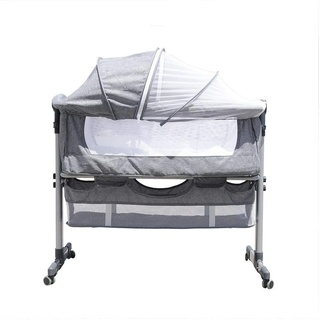 OUKANING Beistellbett & Babybett,Babybetten Zustellbett Kinderbett mit Rollen bis 25kg belastbar,mit Moskitonetz und Matratzez,geeignet für Baby von Geburt,Höhenverstellbar,Neigbar(grau)