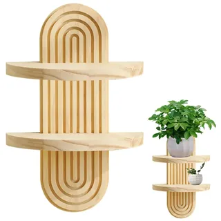 Boho Wandregal aus Holz, Ovale Pflanzenhalter Wanddekoration mit Metallakzenten, Blumenkasten für Sukkulenten und Zimmerpflanzen, Wandmontierte Ablage für Wohnzimmer und Balkon, Rustikale Holzkunst
