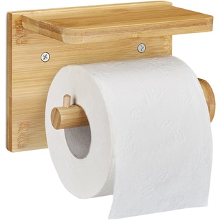 Relaxdays Toilettenpapierhalter mit Ablage, für Handy & Feuchttücher, Bambus Klopapierhalter, HBT 12x16x10,3 cm, natur