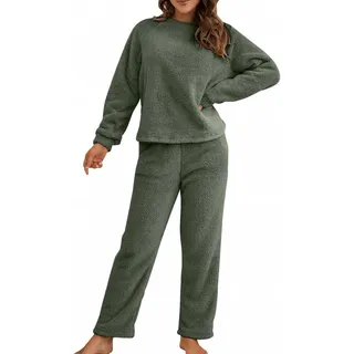 Schlafanzug Pyjama,Damen Winter Warme Fleece Schlafanzug Flauschig Rundhals Sweatshirt Oberteile Einfarbig Plüsche Hose Pyjamas Set,Schlafen Nachtwäsche Zweiteilig mit Taschen,Winter Warm Anzug Set