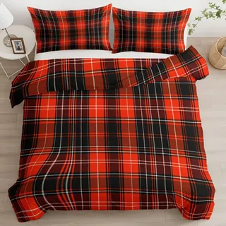 Quixora Bettwäsche Set Gitter Retro Rot Schwarz Kariert Bettwäsche 135 x 200 cm Weiche Bügelfrei Allergiker Langlebig 3 Teilig Bettbezug Set mit Reißverschluss für Einzelbett Kinder Teenager