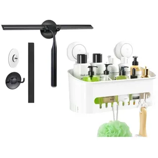 Elegear Duschablage Saugnapf Duschablage Ohne Bohren + Duschabzieher für Bad & Küche, Vakuum Saugnapf Korb + streifenfreier Glaswischer ohne Bohren