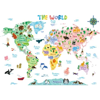 Decowall DAT-1615S Weltkarte Tierweltkarte Tiere Wandtattoo Wandsticker Wandaufkleber Wanddeko für Wohnzimmer Schlafzimmer Kinderzimmer (Groß) (Englisch Ver.)