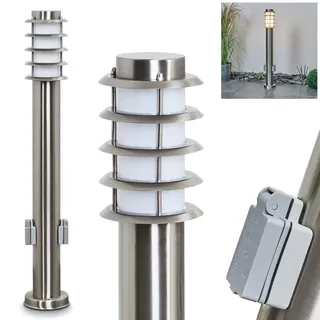 HOFSTEIN Außenstehleuchte Tunes mit Steckdose, Außenwegeleuchte aus Metall/Kunststoff in Nickel-matt/Weiß, moderne Wegeleuchte für Garten, Außenbereich, Hof, Höhe 80 cm, E27, IP44
