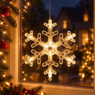 LED Fensterlicht mit Saugnapf, Hängende Fenster Lichterkette Innen, Weihnachtsbeleuchtung, Fensterdeko Batteriebetrieben, Schneeflocke - Weiß
