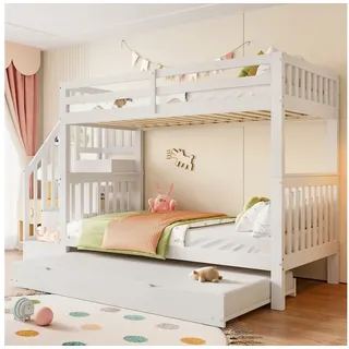 Flieks Etagenbett, Kinderbett Hochbett 90x200cm mit Stautreppe und Ausziehbett 90x190cm weiß 97 cm x 251.5 cm x 160 cm