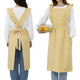 MiOYOOW Vintage Schürzen, Küchenschürze aus Baumwolle mit Karomuster, Rüschen und 2 Kleinen Taschen, Gartenschürze für Frauen zum Kochen, Backen, Grillen und für Cafés.