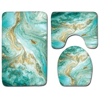 Bad Teppiche Set 3-Teiliges Türkis Gold Marmor WC Vorleger Mit Ausschnitt Badematte Saugfähig WC Deckelbezug Badvorleger rutschfest Waschbar Toilettensitzbezug Badgarnitur (45x75cm)