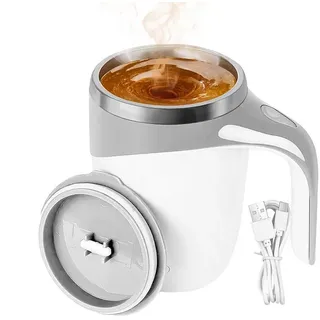 Coonoor Tasse Selbstrührende Tasse mit Deckel, Thermosbecher Edelstahl 380ml, USB Wiederaufladbar Selbstrührender Kaffeebecher mit Griff weiß