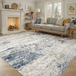 DMOYEST Teppich Wohnzimmer 240x340cm Modern Beige Blau Waschbar
